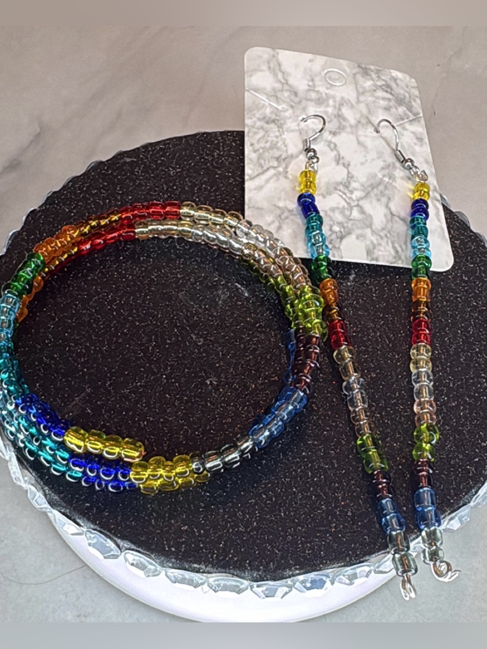 Multicolor Beaded glass wire wrap Bracelet and Earrings Set